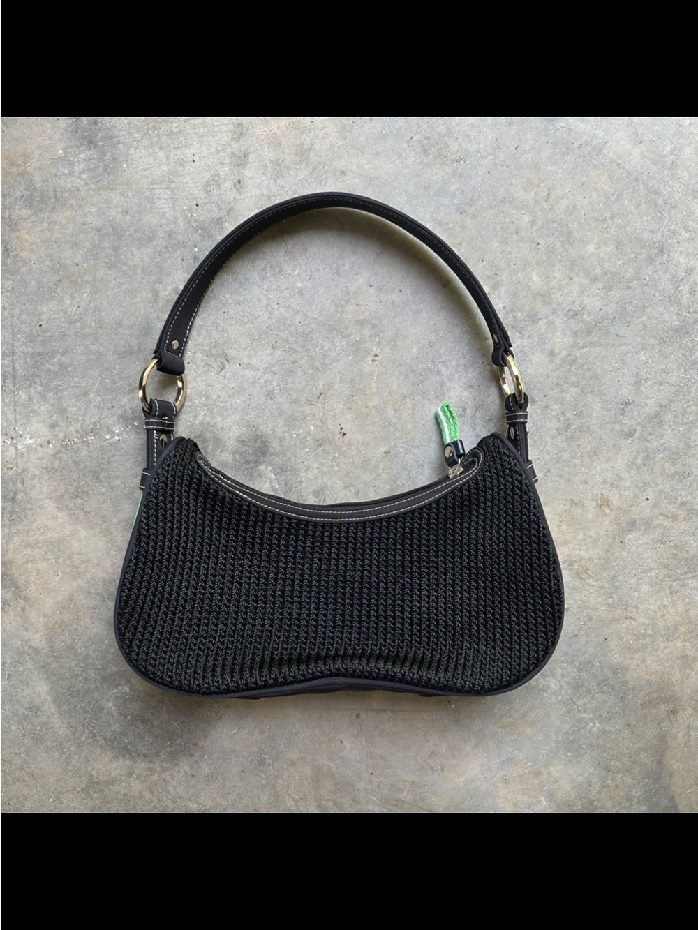 Black and green woven  handbag with gold hardware